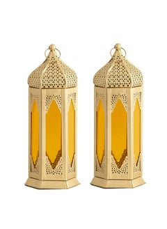 PALMY PALMY Moroccan Iron Antique Moksha Hanging Lantern Laltern Lamp with Tealight Candle Holder Set of 2 Combo Yellow 