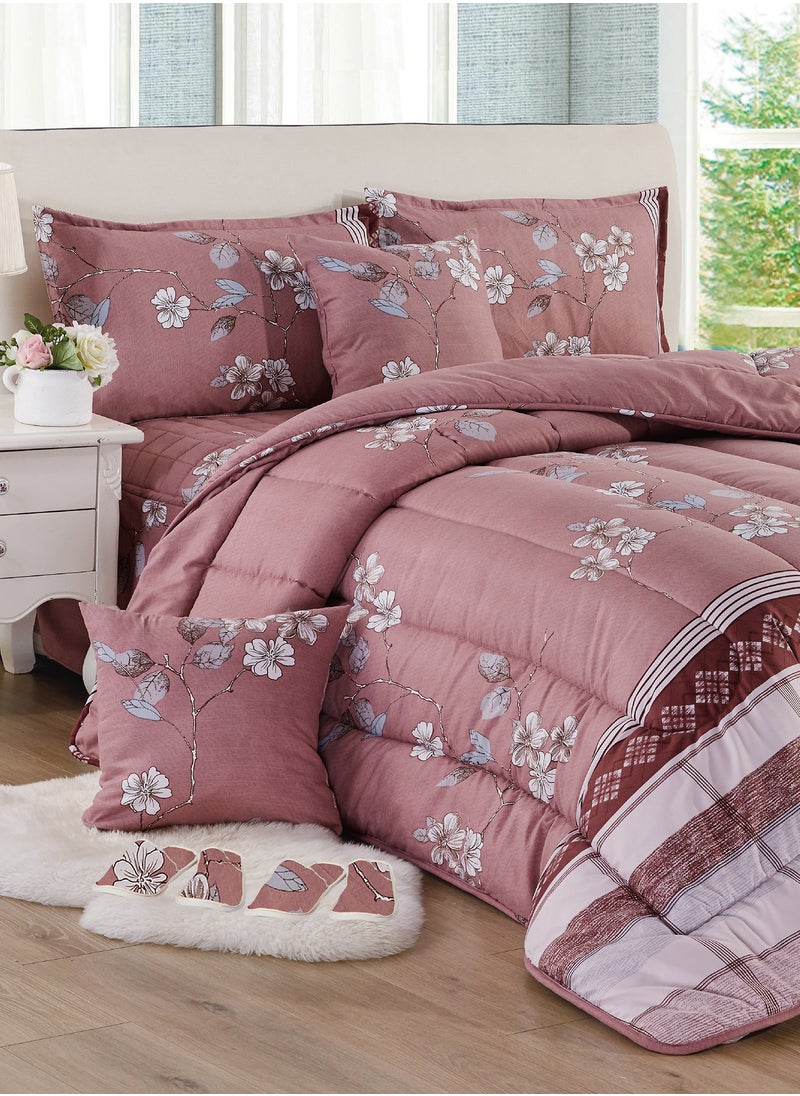 Moon - Bed In A Bag Medium Filling King Size Comforter Set, 10 Pcs Floral Bedding Set Size 220 X 240 Cm with Comforter, Quilted Bed Skirt, Pillowcases, Cushion & Bedroom Slipper, Multicolor - Image 1