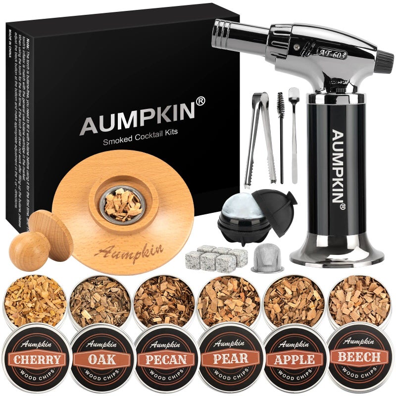 Aumpkin Cocktail Smoker Kit with Torch – 6 Flavors Wood Chips – Bourbon, Whiskey Smoker Infuser Kit, Old Fashioned Drink Smoker Kit, Birthday Bourbon Whiskey Gifts for Men, Dad, Husband (Without Butane) - Image 1