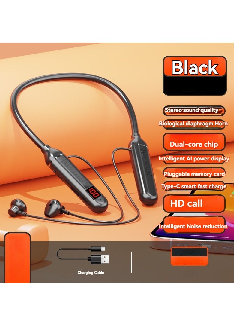 Generic In-ear neck wireless Bluetooth headset digital display long endurance running sports headset black  - Image 1