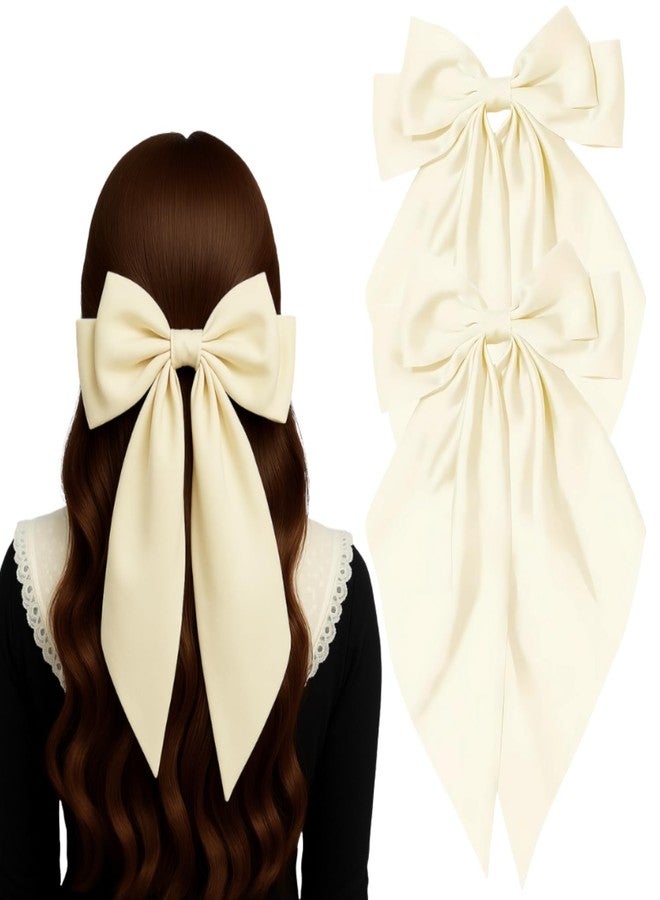 ANNACREATIONS ANNA CREATIONS 2-Pack Large Satin Bow Hair Barrette Clips for Women & Girls - Strong Hold, Long Tail Hair Accessories for Parties, Weddings Wear & Gifting (Off White) - Image 1