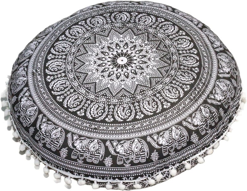 CRAFT KALA وسادة أرضية قطنية مستديرة ماندالا بوهو للتأمل من CRAFT KALA، وسادة جلوس للغرف في الهند، لغرفة المعيشة، غرفة اليوجا، ديكور المنزل، غرفة النوم، الشرفة، الحديقة، الحفلات (32 بوصة، فيل أبيض وأسود) - Image 5