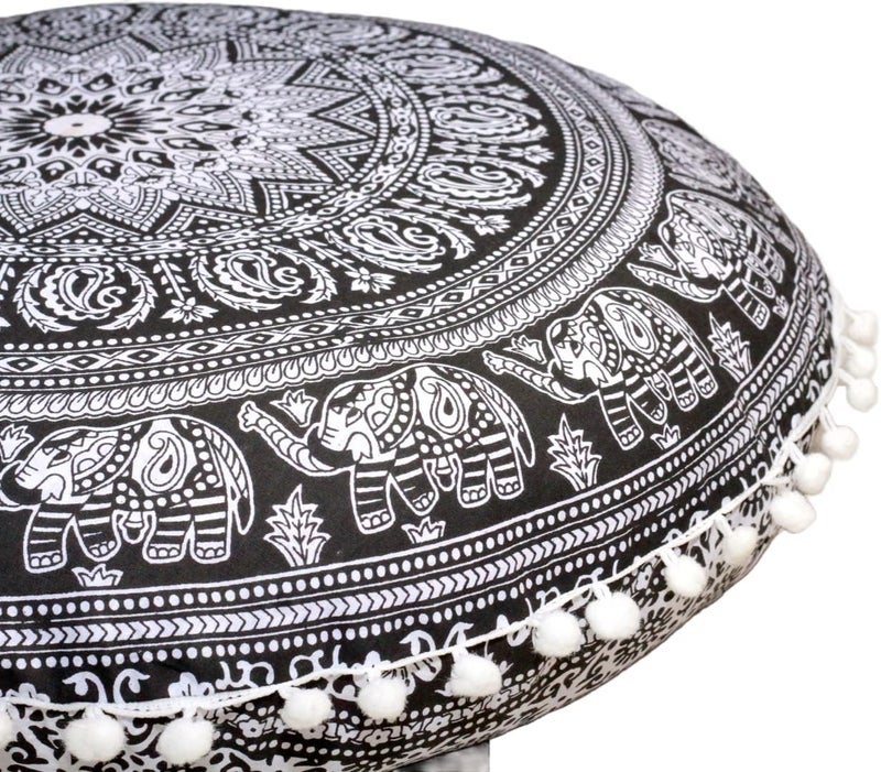 CRAFT KALA وسادة أرضية قطنية مستديرة ماندالا بوهو للتأمل من CRAFT KALA، وسادة جلوس للغرف في الهند، لغرفة المعيشة، غرفة اليوجا، ديكور المنزل، غرفة النوم، الشرفة، الحديقة، الحفلات (32 بوصة، فيل أبيض وأسود) - Image 4