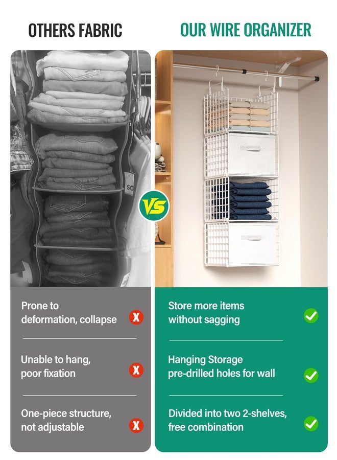 Orapoke Hanging Closet Organizer with Drawers, 4 Tier Metal Closet Organizers and Storage with 4 Hanging Hooks 4 S-Hooks for Wardrobe Laundry Room, Wire Storage Shelf for Clothes Sweaters Pants (White) - Image 4