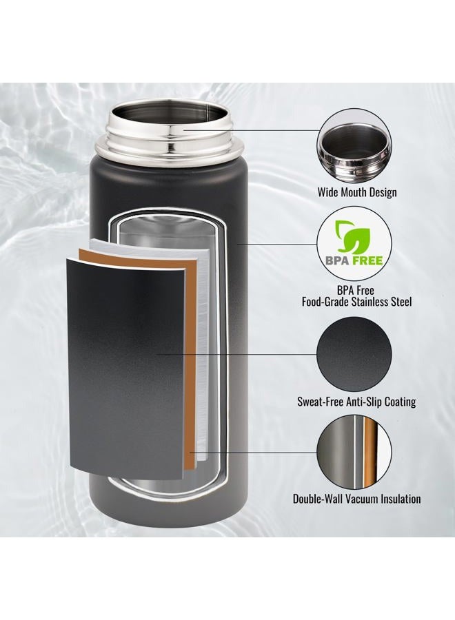 Fijinhom 18 oz Insulated Water Bottle with Handle, 304 Stainless Steel Water Bottles with Wide Mouth, Double Wall Vacuum Sports Water Bottle, BPA Free, Keep Cold and Hot, Black/Gray - Image 2
