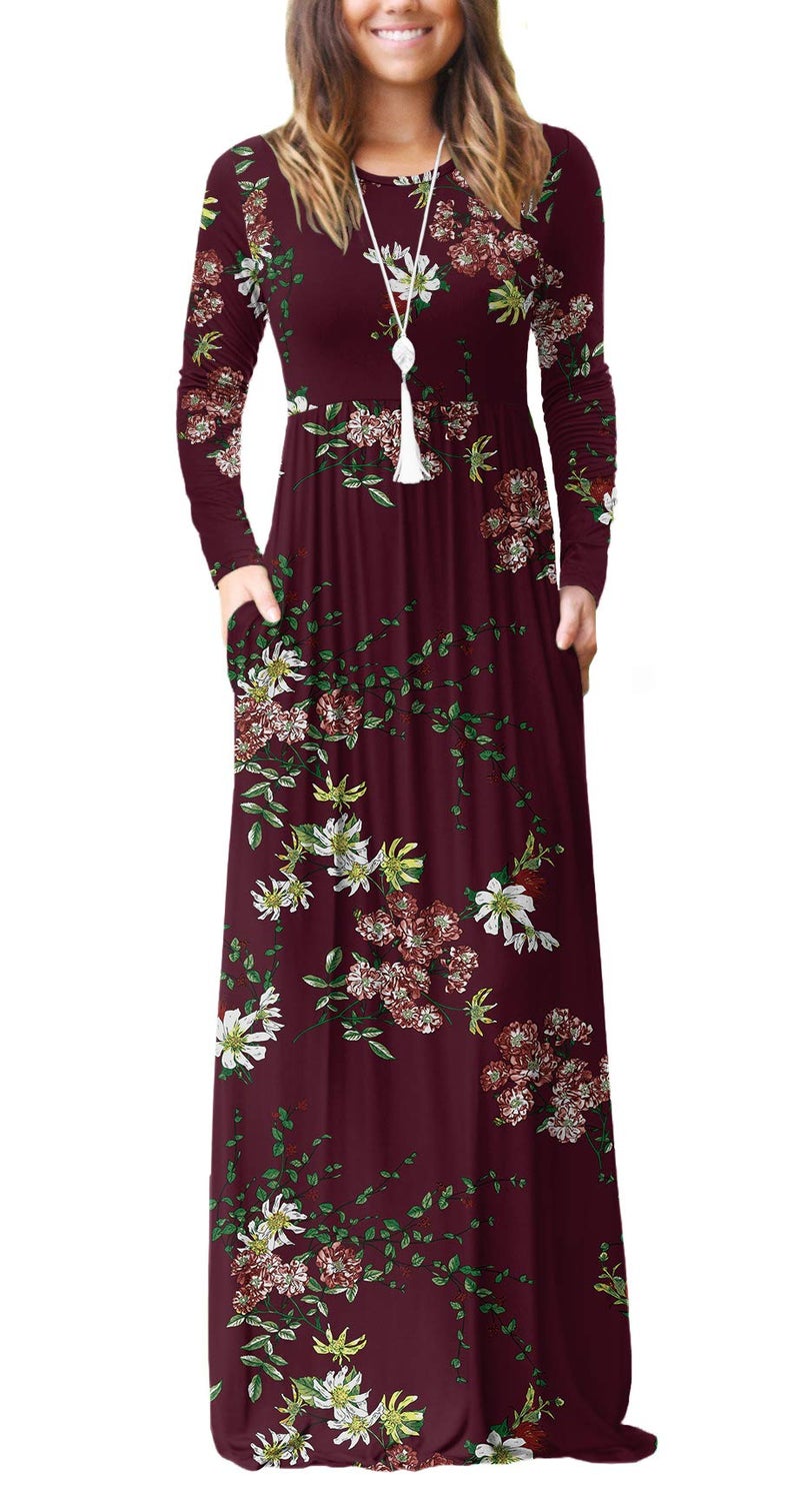 GRECERELLE Womens Maxi Dresses Long Sleeve Casual Long T Shirt Dress Travel Vacation Outfits, Wine Red, Medium - Image 1