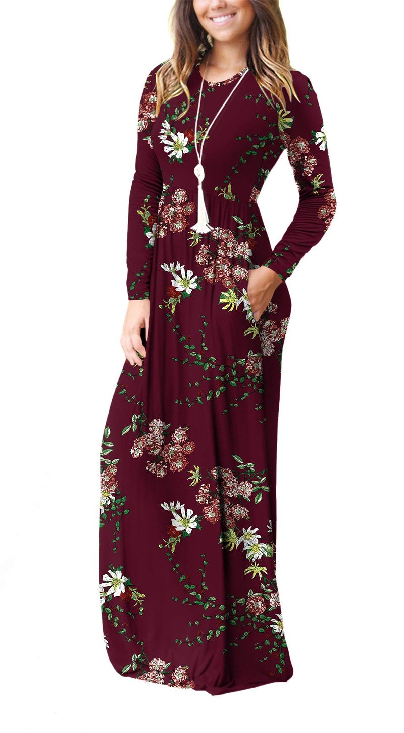 GRECERELLE Womens Maxi Dresses Long Sleeve Casual Long T Shirt Dress Travel Vacation Outfits, Wine Red, Medium - Image 2