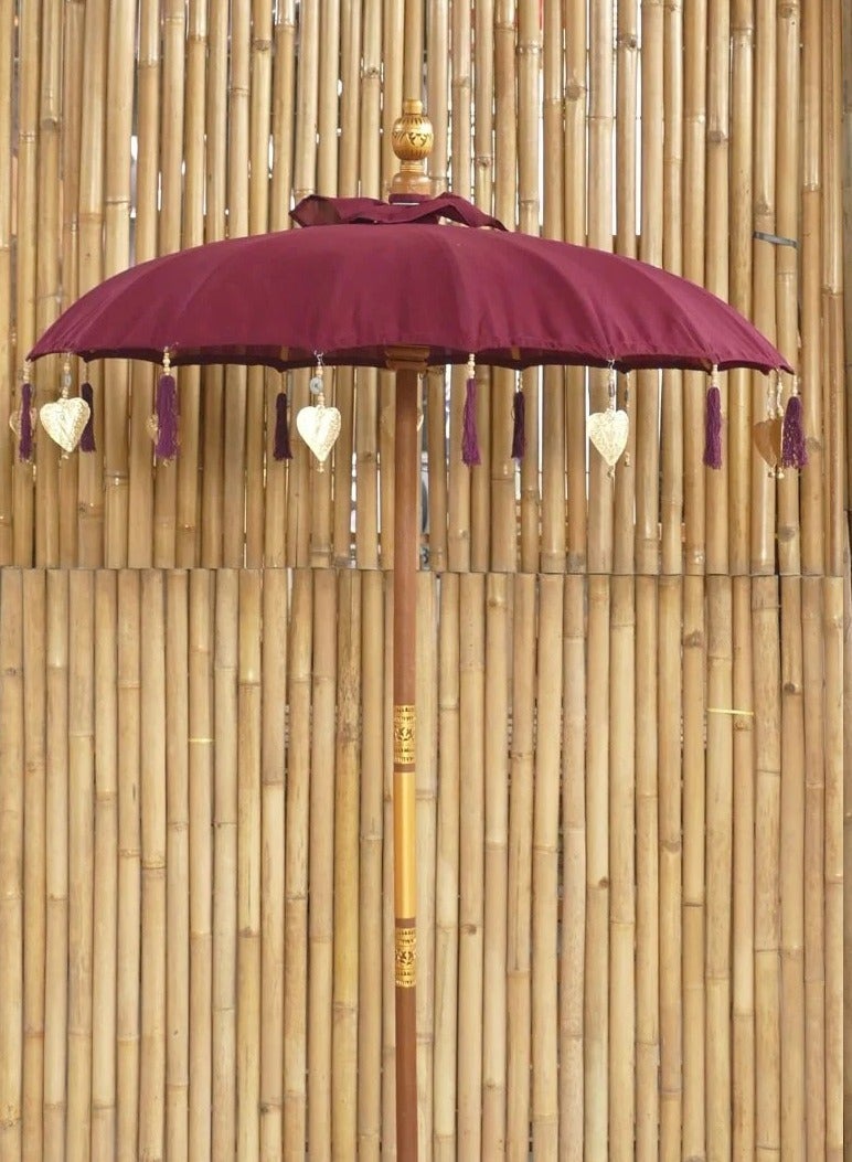 Bali Umbrella Deep Claret With Metal Coins And Silver Hearts 130cm Diameter