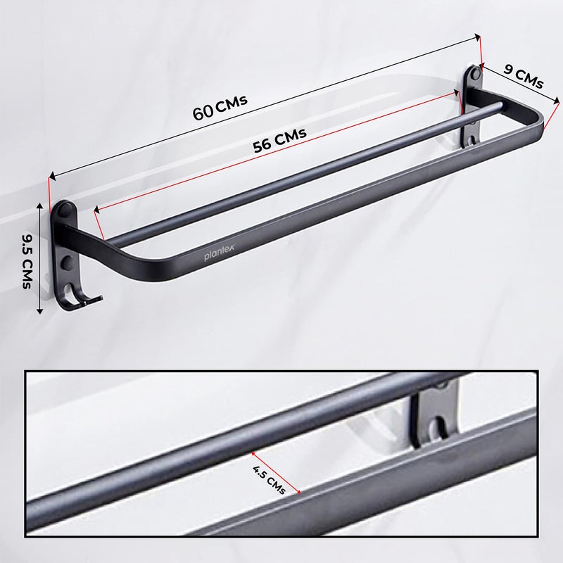 Plantex Space Aluminium Towel Rod/Towel Hanger with Hooks for Bathroom/Towel Holder/Stand/Bathroom Accessories - 24 Inch (Black) - Image 4