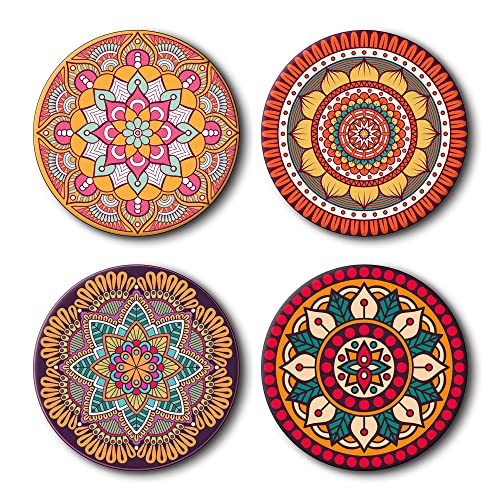 Yey Tea Coaster Set Colorful Mandala Pattern Printed Round, MDF Wood Material Coasters for Home and Kitchen, Office Table, Dining Table, Home Decor (3.5x3.5 inches, Set of 4) - Image 1
