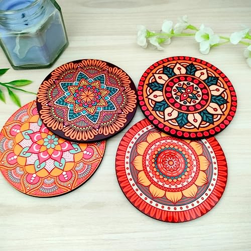 Yey Tea Coaster Set Colorful Mandala Pattern Printed Round, MDF Wood Material Coasters for Home and Kitchen, Office Table, Dining Table, Home Decor (3.5x3.5 inches, Set of 4) - Image 2