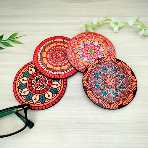 Yey Tea Coaster Set Colorful Mandala Pattern Printed Round, MDF Wood Material Coasters for Home and Kitchen, Office Table, Dining Table, Home Decor (3.5x3.5 inches, Set of 4) - Image 3