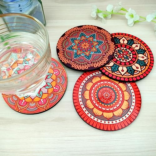 Yey Tea Coaster Set Colorful Mandala Pattern Printed Round, MDF Wood Material Coasters for Home and Kitchen, Office Table, Dining Table, Home Decor (3.5x3.5 inches, Set of 4) - Image 4
