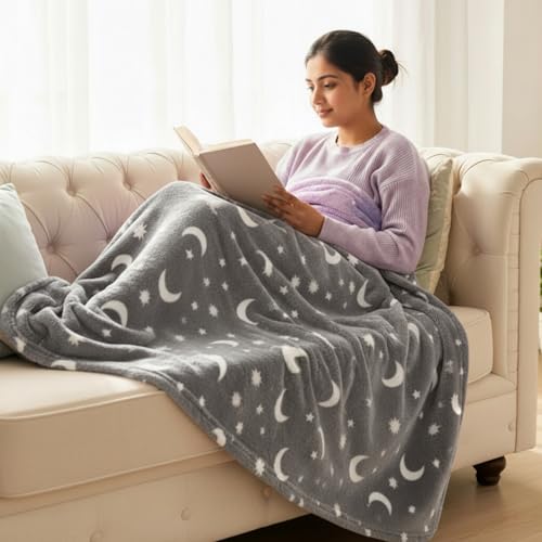 Famyo® Glow in The Dark Winter Blanket | Soft & Cozy Flannel Fleece Throw | Blanket for Winter Double Size | All-Season Warm Blanket for Double/Queen Bed (Grey Moon & Stars, 200x152 cm) - Image 1