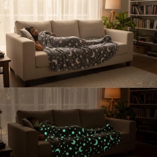 Famyo® Glow in The Dark Winter Blanket | Soft & Cozy Flannel Fleece Throw | Blanket for Winter Double Size | All-Season Warm Blanket for Double/Queen Bed (Grey Moon & Stars, 200x152 cm) - Image 3