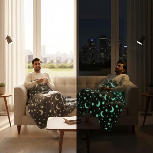 Famyo® Glow in The Dark Winter Blanket | Soft & Cozy Flannel Fleece Throw | Blanket for Winter Double Size | All-Season Warm Blanket for Double/Queen Bed (Grey Moon & Stars, 200x152 cm) - Image 5