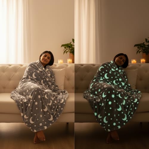 Famyo® Glow in The Dark Winter Blanket | Soft & Cozy Flannel Fleece Throw | Blanket for Winter Double Size | All-Season Warm Blanket for Double/Queen Bed (Grey Moon & Stars, 200x152 cm) - Image 4