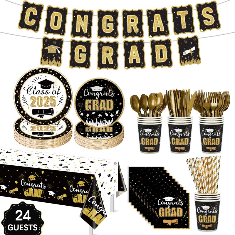 Wironlst Graduation Party Supplies Congrats Grad Decorations Class of 2025 Disposable Plates and Napkins with Banner Tablecloth Cups Dinnerware Sets for Graduation Decor Serves 24 Black and Gold - Image 2