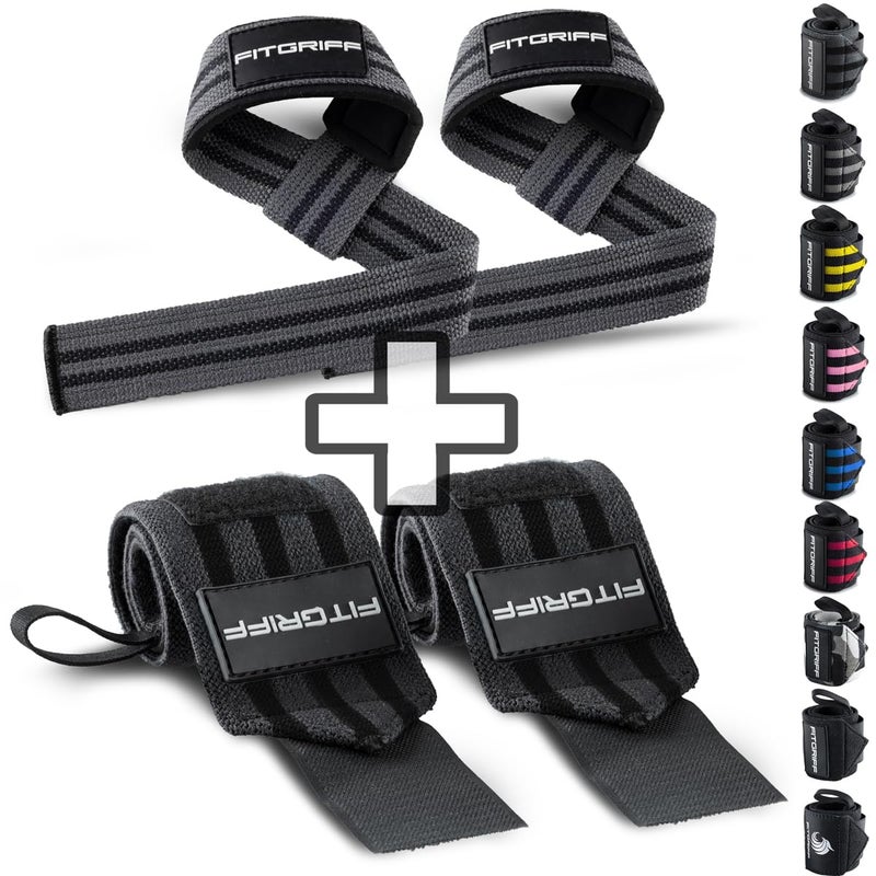 Fitgriff Lifting Straps & Wrist Wraps (Bundle) Superior Support For Weightlifting & Gym Workouts - For Men And Women (Grey) - Image 1