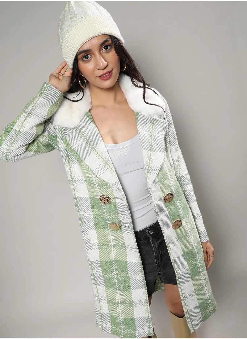 Campus Sutra Women's Pistachio Green Fleece Tartan Plaid Long Coat