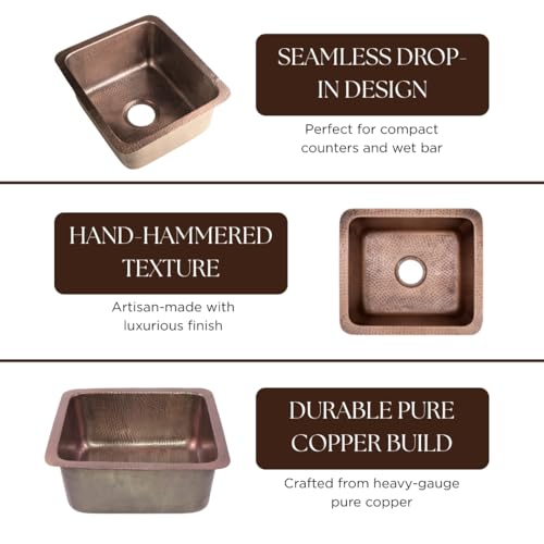 Monarch Abode 17-inch Hand Hammered Pure Copper Highball Dual Mount Drop in Kitchen Sink, Drop in or Undermount Kitchen Sink, Deep Single Rectangular Bowl - Image 4