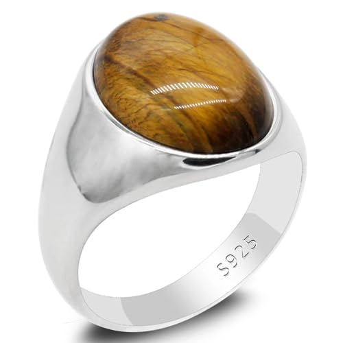 LovePlus S925 Sterling Silver Black Natural Agate Stone Brown Tiger Eye Stone Men's Ring Türkiye Handmade Agate Jewelry Luxury Ring for Men and Women Simple Design 6-13 (10 brown) - Image 1