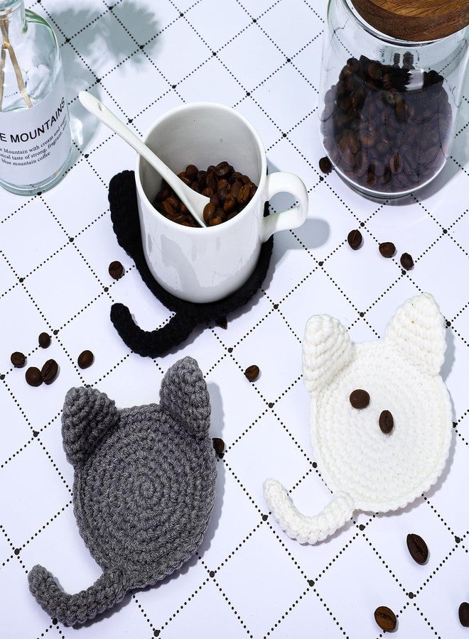 وولاين مجموعة من 3 قواعد أكواب على شكل قطط من والين، مصنوعة يدويًا بالكروشيه، قواعد أكواب لطيفة للمشروبات، قواعد أكواب ماصة منسوجة على شكل آذان قطط، عازلة مبتكرة للقهوة والشاي، هدايا مثالية لمحبي القطط، ديكور مكتب منزلي - Image 3