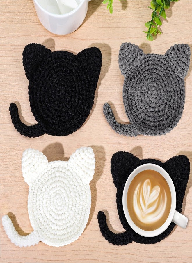 وولاين مجموعة من 3 قواعد أكواب على شكل قطط من والين، مصنوعة يدويًا بالكروشيه، قواعد أكواب لطيفة للمشروبات، قواعد أكواب ماصة منسوجة على شكل آذان قطط، عازلة مبتكرة للقهوة والشاي، هدايا مثالية لمحبي القطط، ديكور مكتب منزلي - Image 1