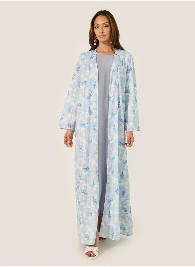 Styli Floral Print Flared Abaya with Printed Scarf