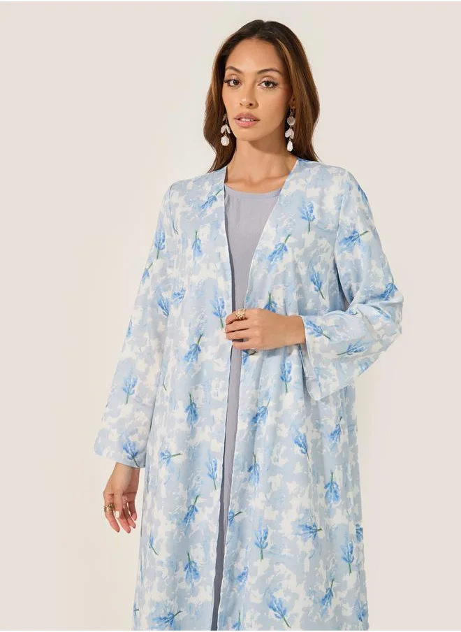 Styli Floral Print Flared Abaya with Printed Scarf