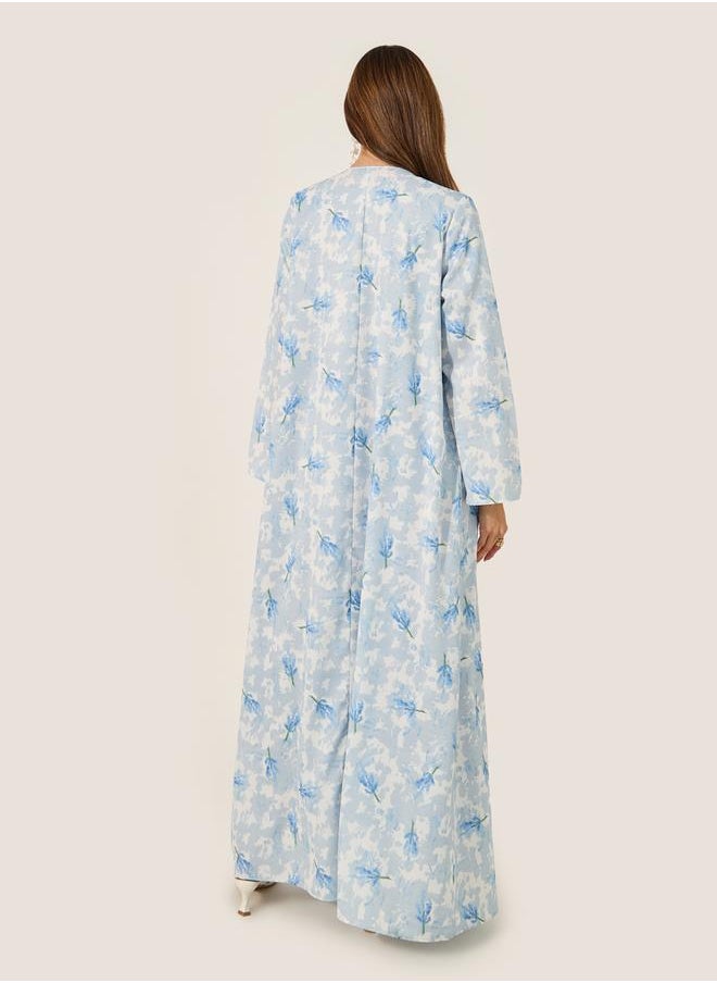 Styli Floral Print Flared Abaya with Printed Scarf  - Image 5
