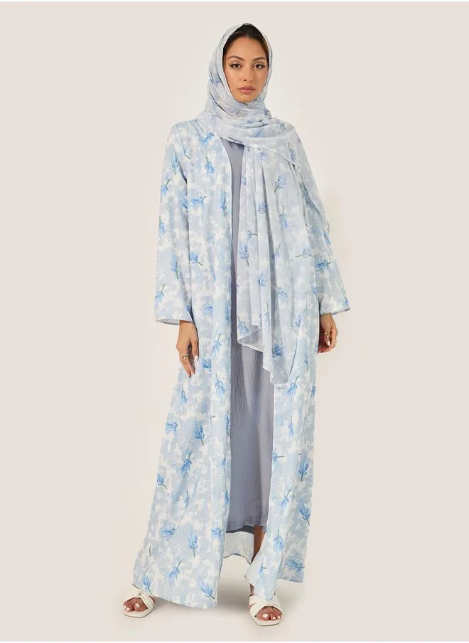 Styli Floral Print Flared Abaya with Printed Scarf