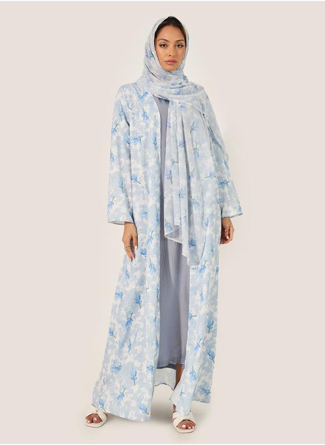Styli Floral Print Flared Abaya with Printed Scarf  - Image 2