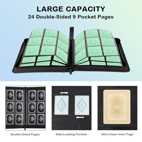 Prilino 9 Pocket Trading Card Binder - 432 Card Storage Capacity Card Binder, Premium Double-Sided PU Leather with Zip Closure, TCG/Games/Sports Card Protector & Album Folder for Collectors (Black) - Image 4