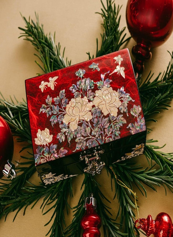 February Mountain Korean Mother of Pearl Jewelry Box - Red Floral Peony Design with Butterfly Clasp, Removable Velvet Tray - Christmas Gift for Women, Birthday, Anniversary, Keepsake Storage - Image 2