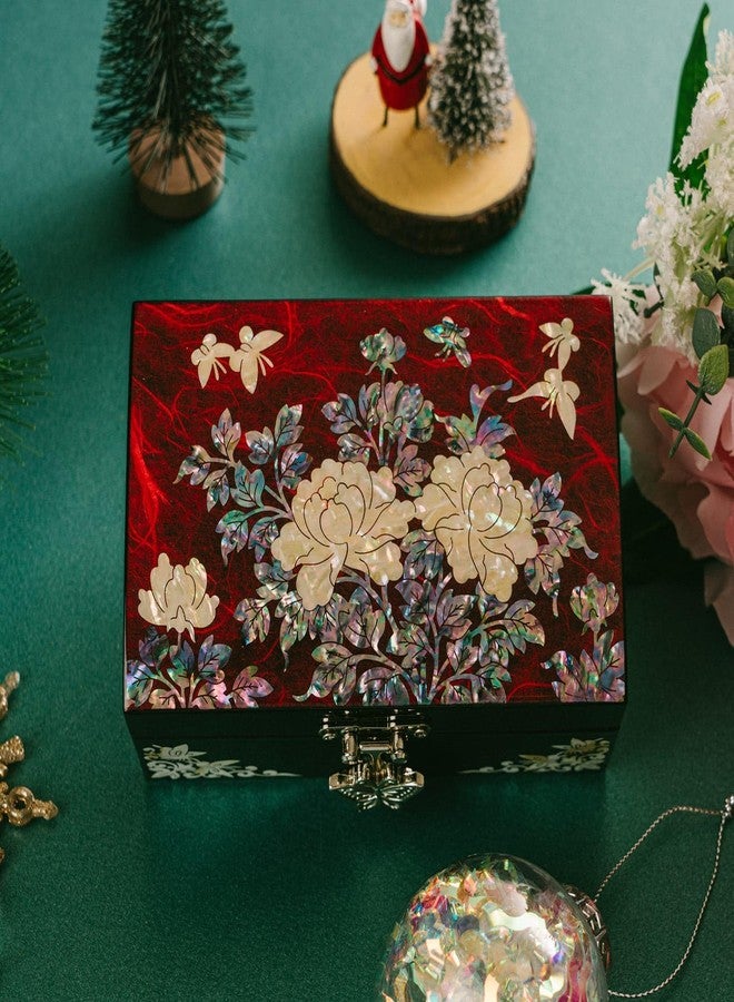 February Mountain Korean Mother of Pearl Jewelry Box - Red Floral Peony Design with Butterfly Clasp, Removable Velvet Tray - Christmas Gift for Women, Birthday, Anniversary, Keepsake Storage - Image 3