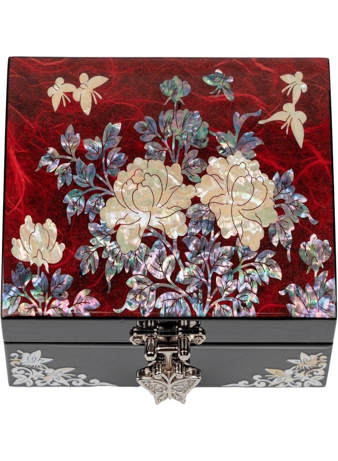 February Mountain Korean Mother of Pearl Jewelry Box - Red Floral Peony Design with Butterfly Clasp, Removable Velvet Tray - Christmas Gift for Women, Birthday, Anniversary, Keepsake Storage - Image 1