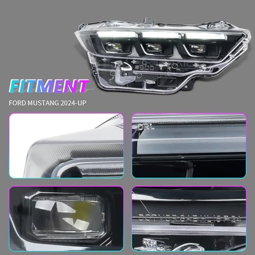 Archaic Headlight Assembly Compatible with Ford Mustang 2024-2025,Passenger Side,Black Interior Trim Frame - Image 5