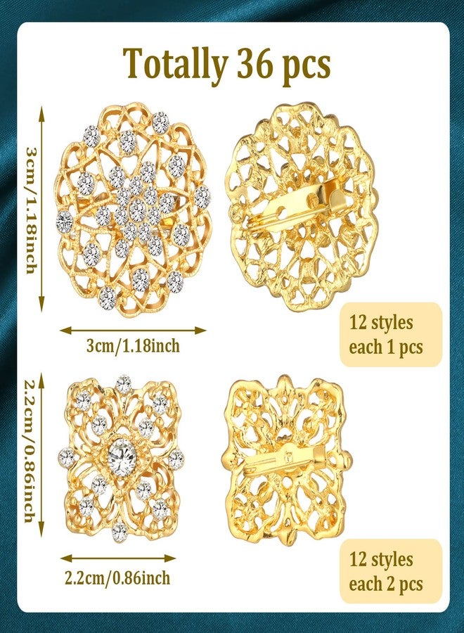 MTLEE 36 Pieces Clear Rhinestone Brooches for Crafts Crystal Flower Brooch Pins with Rhinestones silver Bulk Brooches Jewelry for Woman Flower Lapel Badge Pins DIY Wedding Bouquet Broaches Kit (Gold) - Image 2