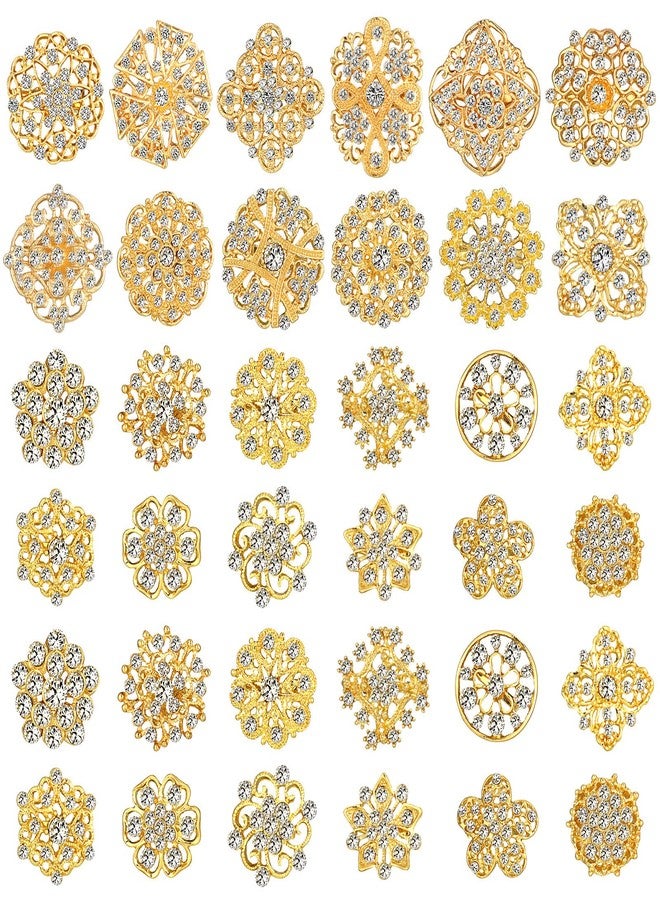 MTLEE 36 Pieces Clear Rhinestone Brooches for Crafts Crystal Flower Brooch Pins with Rhinestones silver Bulk Brooches Jewelry for Woman Flower Lapel Badge Pins DIY Wedding Bouquet Broaches Kit (Gold) - Image 1