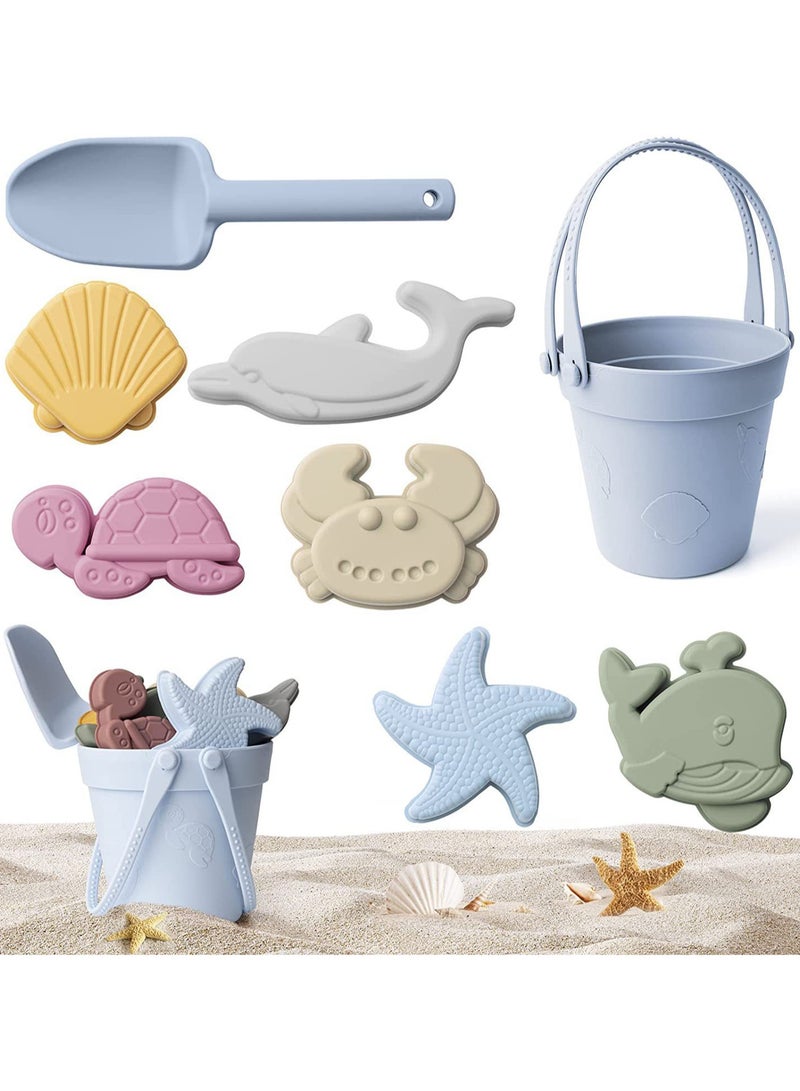 AUTOYSUR 8 Pcs Silicone Beach Toys and 1 Mesh Beach Bag Set Collapsible Sand Toys Travel Sand Box Bucket Shovel and 3D Marine Theme Molds for Summer Outdoor (Blue)  - Image 1