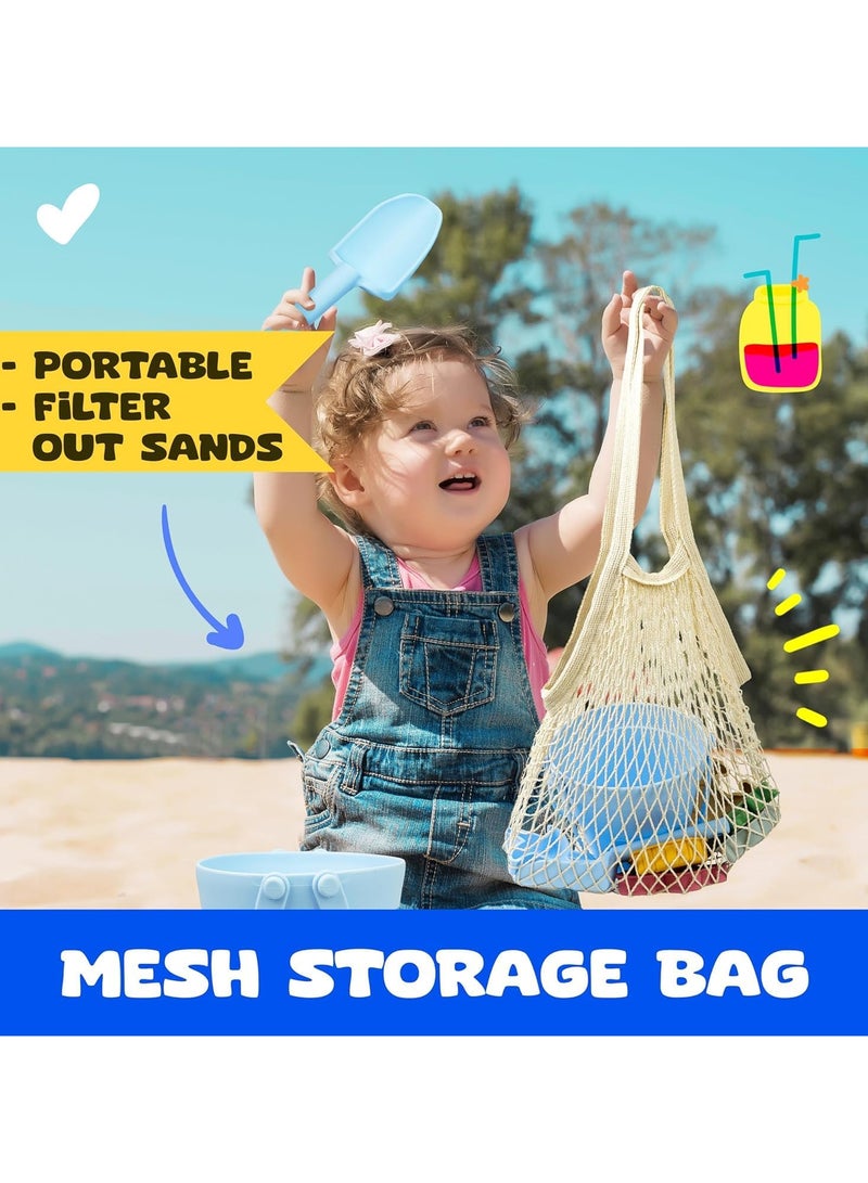 AUTOYSUR 8 Pcs Silicone Beach Toys and 1 Mesh Beach Bag Set Collapsible Sand Toys Travel Sand Box Bucket Shovel and 3D Marine Theme Molds for Summer Outdoor (Blue)  - Image 4