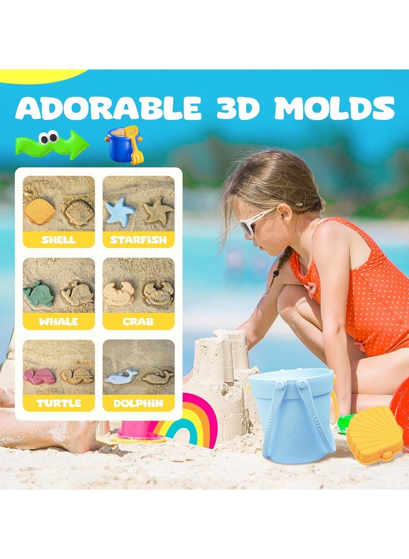 AUTOYSUR 8 Pcs Silicone Beach Toys and 1 Mesh Beach Bag Set Collapsible Sand Toys Travel Sand Box Bucket Shovel and 3D Marine Theme Molds for Summer Outdoor (Blue)  - Image 5