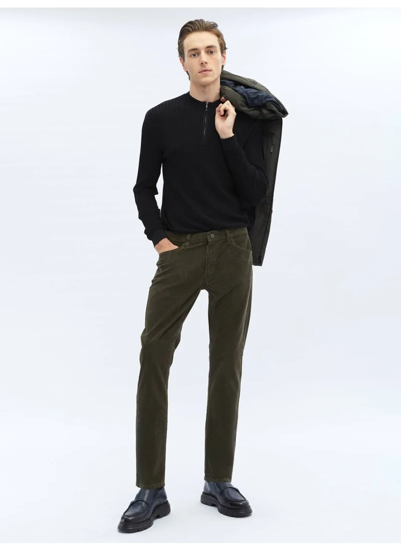 Kip Khaki Woven Slim Fit Velvet Casual Cotton Blend Trousers