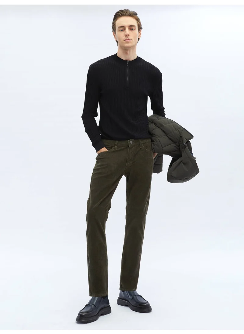 Kip Khaki Woven Slim Fit Velvet Casual Cotton Blend Trousers