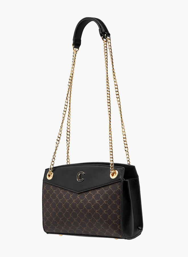 Le Confort Monogram Print Shoulder Bag with Chain Strap and Zip Closure