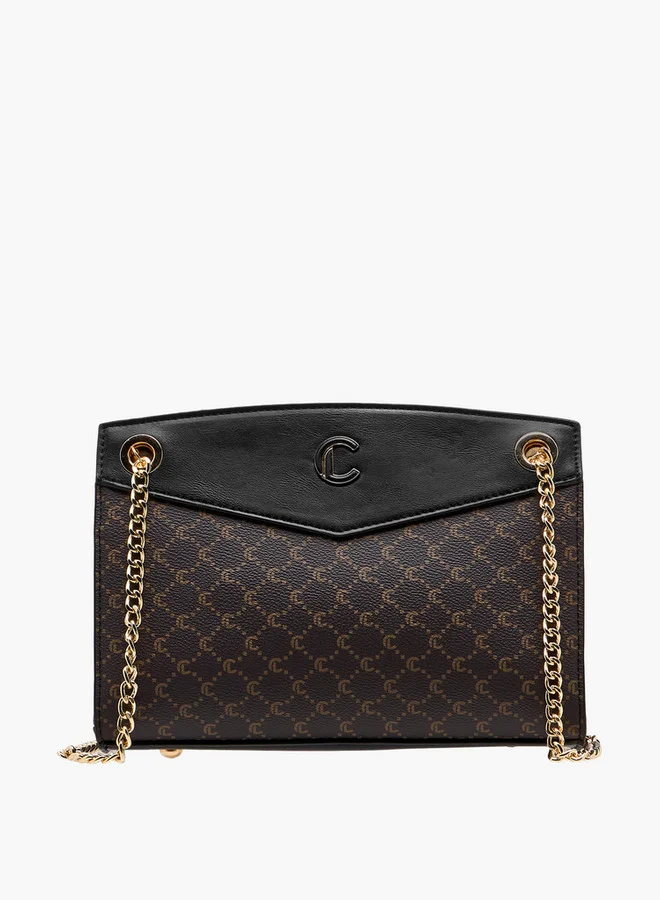 Le Confort Monogram Print Shoulder Bag with Chain Strap and Zip Closure