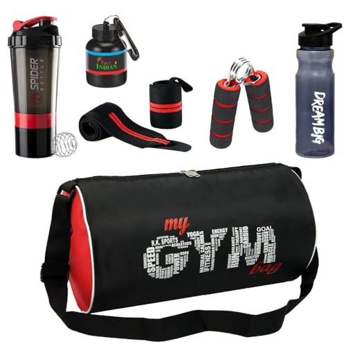 True Indian New Gym Bag Combo for Men Combo Set for Men and Women Workout - Boost Your Workout with Gym Bag,Wrist Band,Mini Gripper & Whey Container Bottle Sipper Bottle Gym Shaker (Red) - Image 1