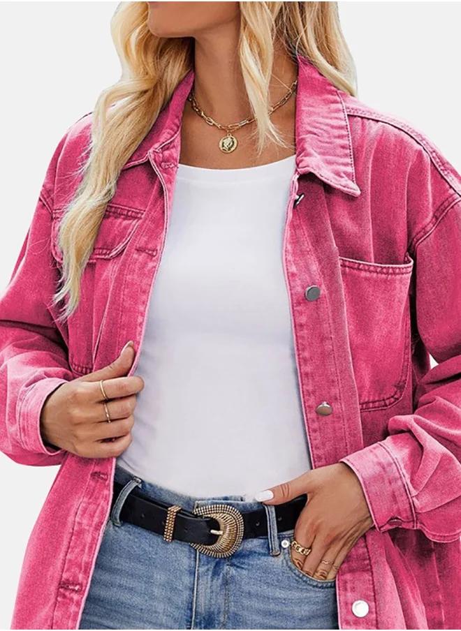 يونيكي Pink Collared Long Sleeve Denim Jacket