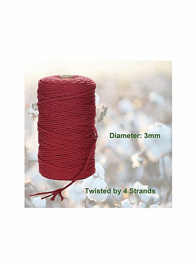 Macrame Cord, Cotton Rope 3mm x 220 yd (About 200m) 4 Strand Twisted(Wine Red)